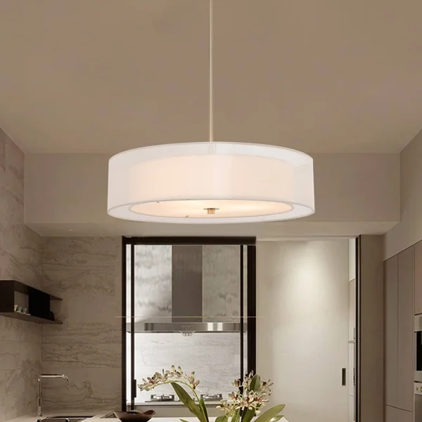 3-Light Brushed Nickel Double Drum Pendant with Outer Organza Shade