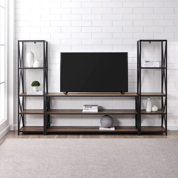 Carbon Loft Hattie 3-Piece X-Frame Entertainment Wall - Rustic Oak, Black Metal