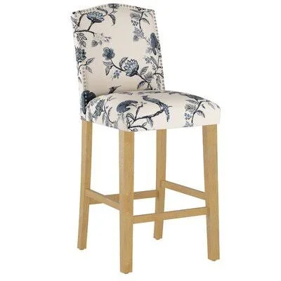 Nadia Bar & Counter Stool Wayfair Custom Upholstery Leg Color: Natural Wood - Body Fabric: Shaana Indigo OGA, Seat Height: Ba