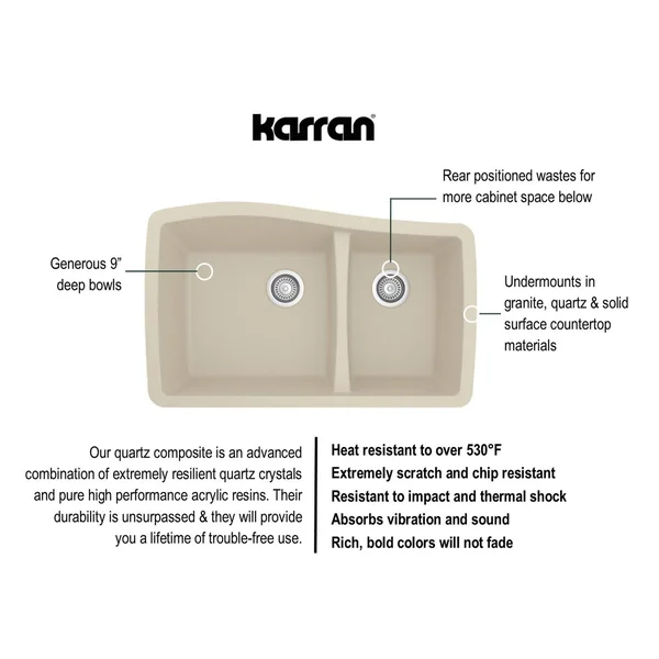 Karran Undermount Quartz 60/40 Double Bowl Kitchen Sink - Bisque