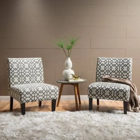 Noble House Kacey Contemporary Fabric Slipper Accent Chair (Set of 2) - Gray Geometric Pattern and Matte Black