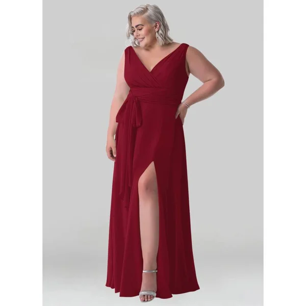 Azazie Plus Size A-Line/Princess V-Neck Floor-Length Chiffon Bridesmaid Dresses - Burgundy