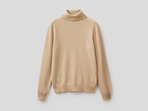 Benetton - Beige Turtleneck Sweater in Pure Merino Wool Customizable, Size M, Beige, Women