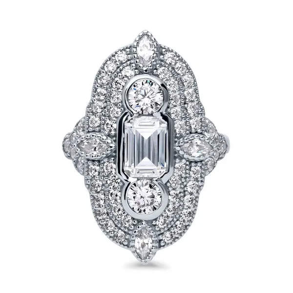 Berricle Sterling Silver Cubic Zirconia CZ Statement Art Deco Milgrain Cocktail Fashion Right Hand Ring Size 7