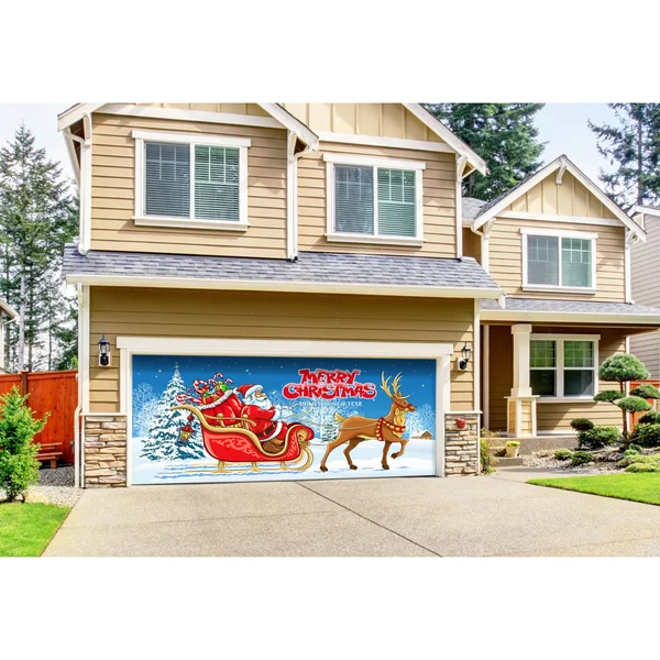 7& x 16& Red and Blue Merry Christmas Outdoor Double Car Garage Door Banner