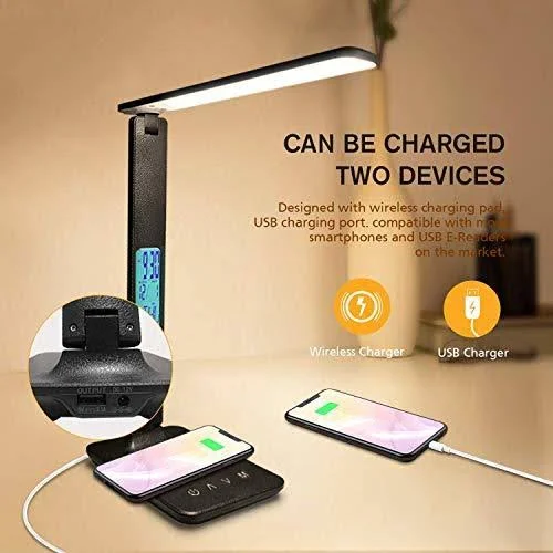 Desk Lamp, LED Desk Lamp with Wireless Charger, USB Charging Port, Adjustable, 5