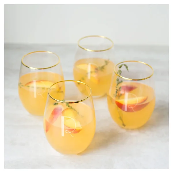 Cathy&s Concepts 19.25oz Monogram Gold Rim Stemless Wine Glasses R - Set of 4