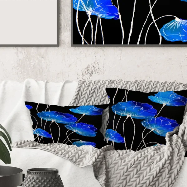 Designart 'Detail of Blue Flowers on Black II' Traditional Printed Throw Pillow - 12 x 20