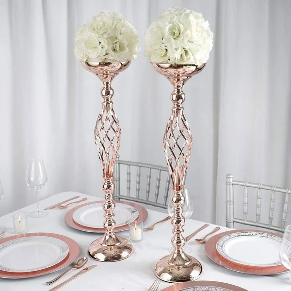 Balsacircle 2 Pcs 26 inch Tall Rose Gold Metal Candle Holder Vase Centerpieces - Pink