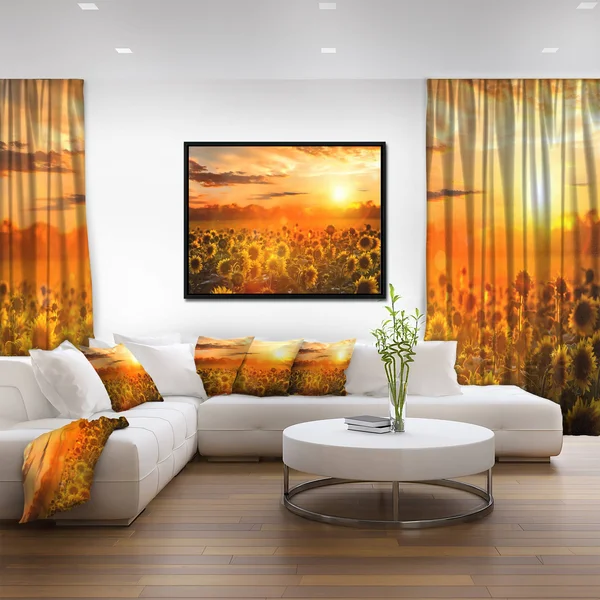 Designart 'Yellow Sunset Over Sunflowers' Floral Photography Framed Canvas Art - 20 in. Wide x 12 in. High - Black