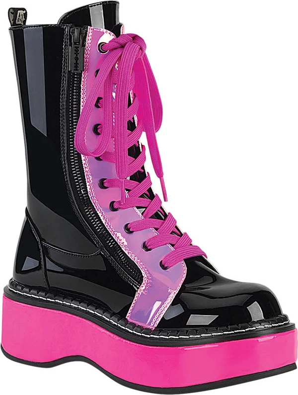 Demonia Women's Emily 350 UV Platform Mid Calf Boot - Size: 10, Black Patent/UV Neon Pink