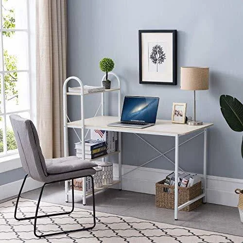 Home Bi Computer Desk with Storage Shelves 47 inch, Reversible Study Writing Table with Adjustable Bookshelf, Home Office Wood P