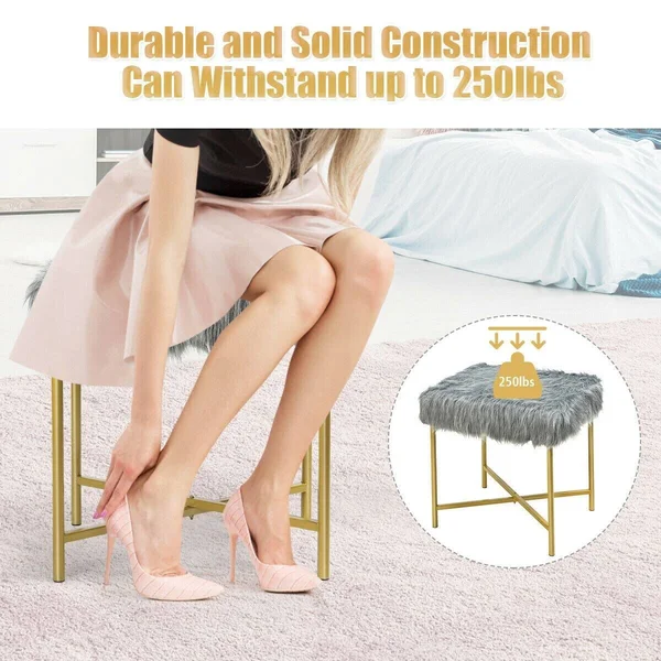 Faux Fur Ottoman Decorative Stool with Metal Legs - Pink
