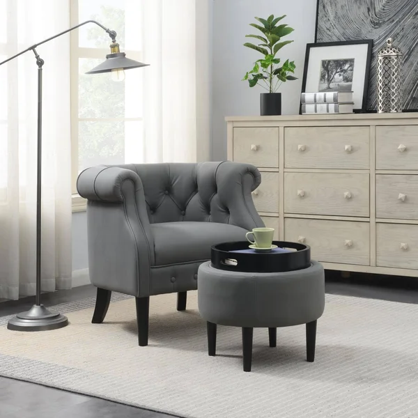 Global Pronex Accent Chair and Storage Ottoman Set, Armchair and Footrest for Living Room Bedroom Home Office, Grey