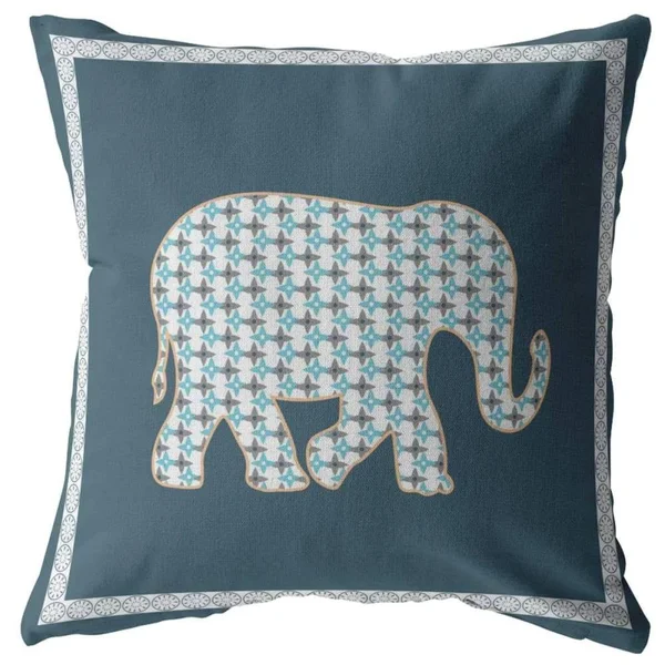 Light Elephant Blown and Closed Pillow White on Muted Blue 18x22x18x22