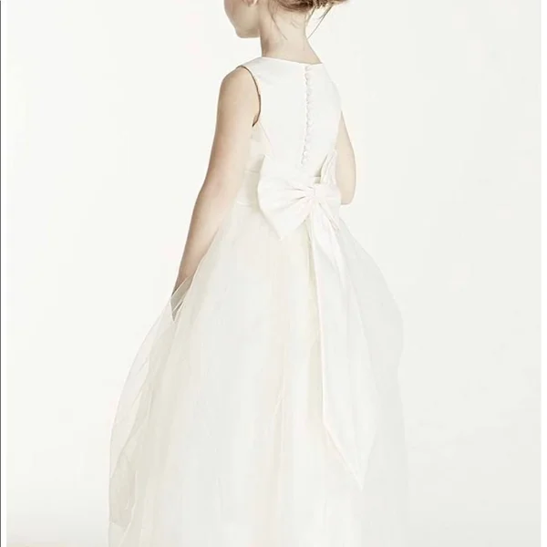 Satin Flower Girl - Communion Dress with Tulle Skirt - White, 4