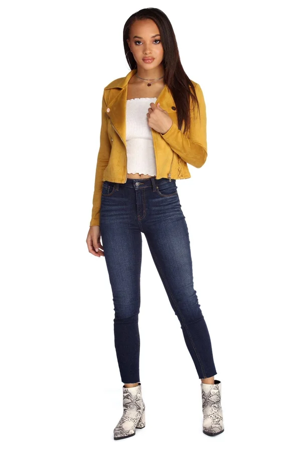 Lattice Faux Suede Moto Jacket in Taupe, Size: Medium, Windsor