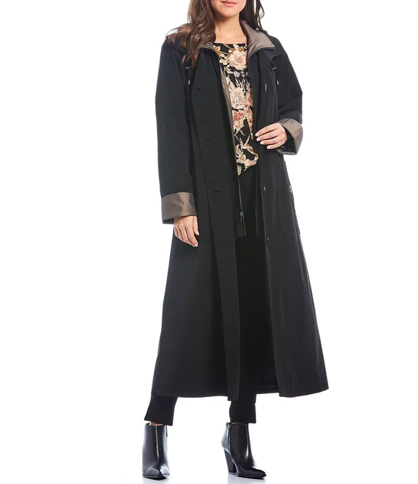 Women's Gallery Full Length Two-Tone Silk Look Raincoat - Size Medium - Black