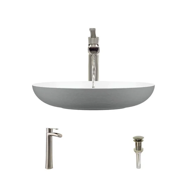 Rene R11-5001-PLT-R9-7007 Stone Composite Oval Vessel Sink with Faucet - Platinum, Brushed Nickel