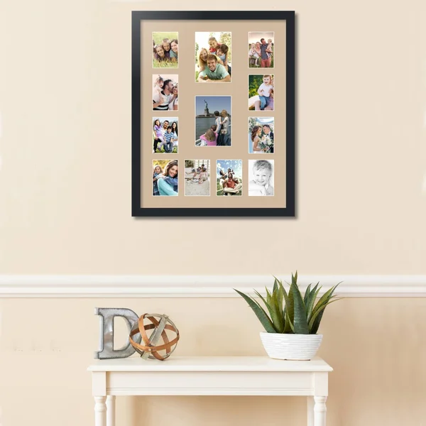 Collage Picture Frame - Satin Black Frame with 12 openings for 5x7 Photos with Pink Scotch Mist Mat. D3926DG611, ArtToFrames