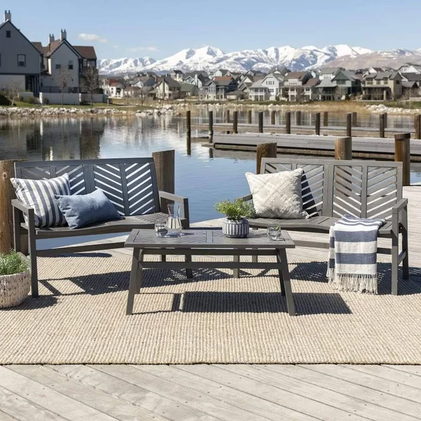 Walker Edison 3-Piece Chevron Outdoor Patio Loveseat Chat Set - Dark Brown