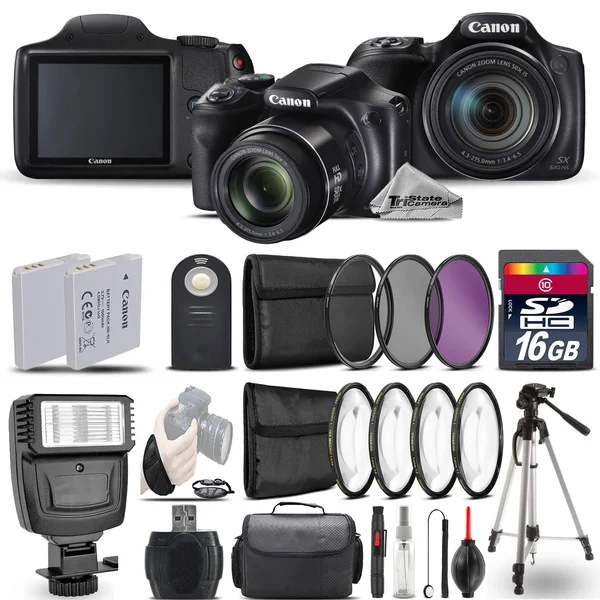 Canon PowerShot Sx540 HS Digital Camera+ Flash + 7pc Filter + EXT Bat - 16GB Kit - Black