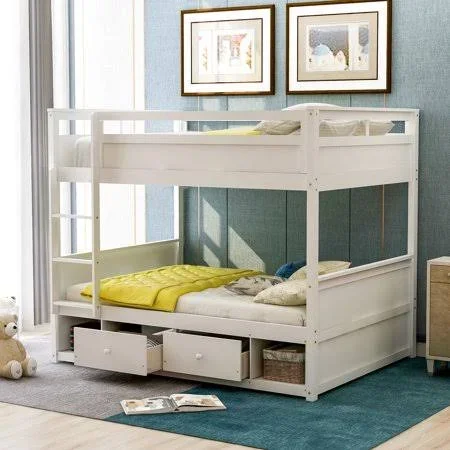 Euroco Full Over Full Bunk Bed Wood Bunk with Storage Drawers - Compartments, Ladder, Guardrails