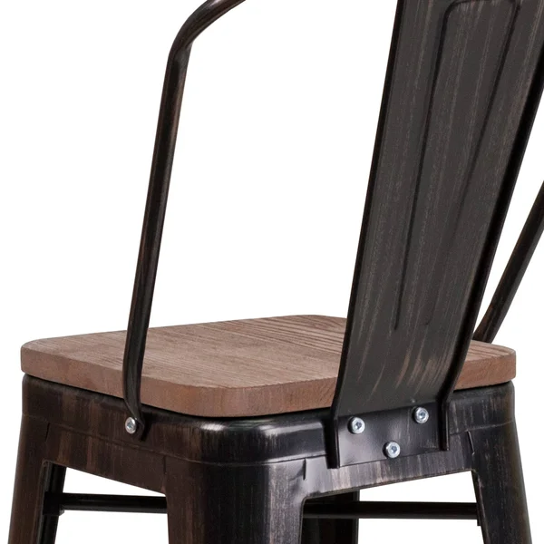 Flash Furniture 24x22 High Metal Counter Height Stool with Back and Wood Seat - Black-Antique Gold
