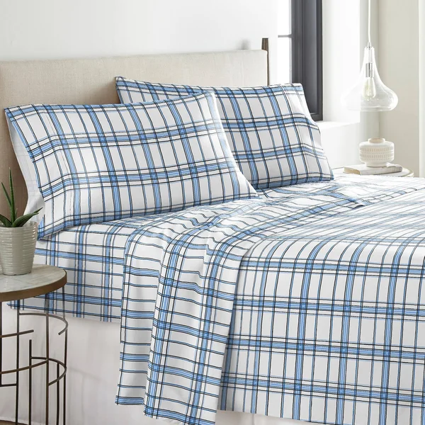 Pointehaven Solid or Print Cotton Heavyweight Flannel Bed Sheet Set (Blue Plaid - Plaid/Striped - 4 Piece - Queen)
