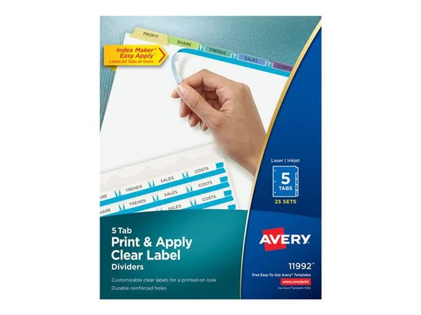 Avery-Dennison 11992 Print & Apply Clear Label Dividers with Color Tabs 5-Tab Letter 25 Sets