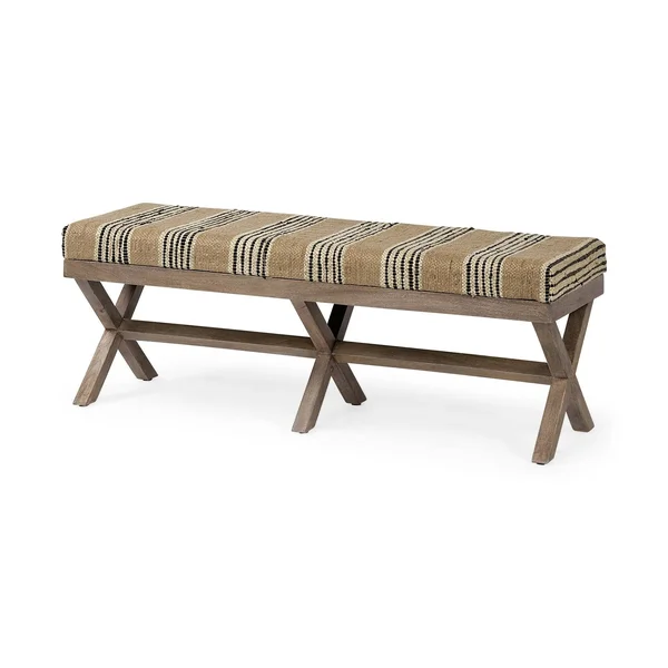 Solis 50L x 16W Brown Base Upholstered Beige/Black Stripe Seat Accent Bench