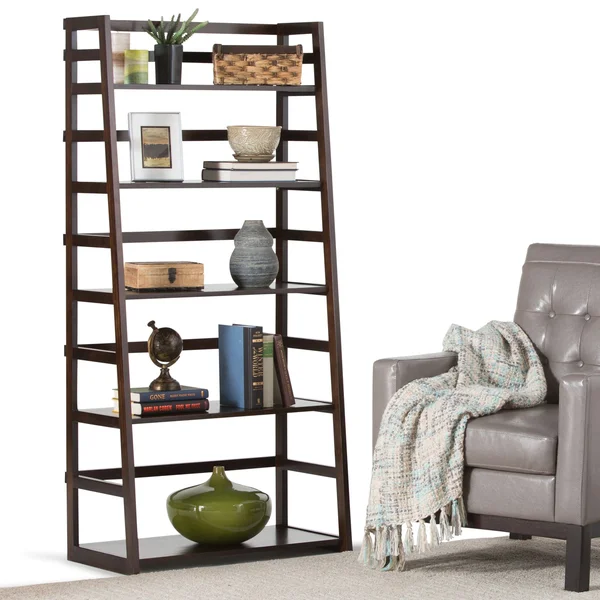 Wyndenhall Normandy Solid Wood 63 inch x 30 inch Rustic Ladder Shelf Bookcase - 30x22W x 15.9x22d x 63x22H - 30x22W x 15.9x22d x