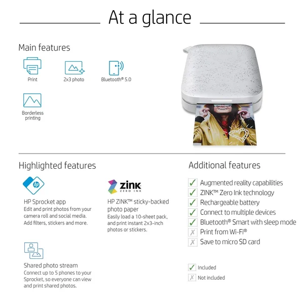 HP Sprocket 200 Photo Printer - White