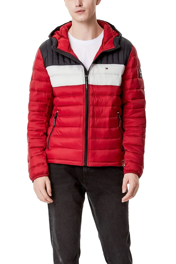 Tommy Hilfiger Men's Quilted Color Blocked Hooded Puffer Jacket - Red Color Block
