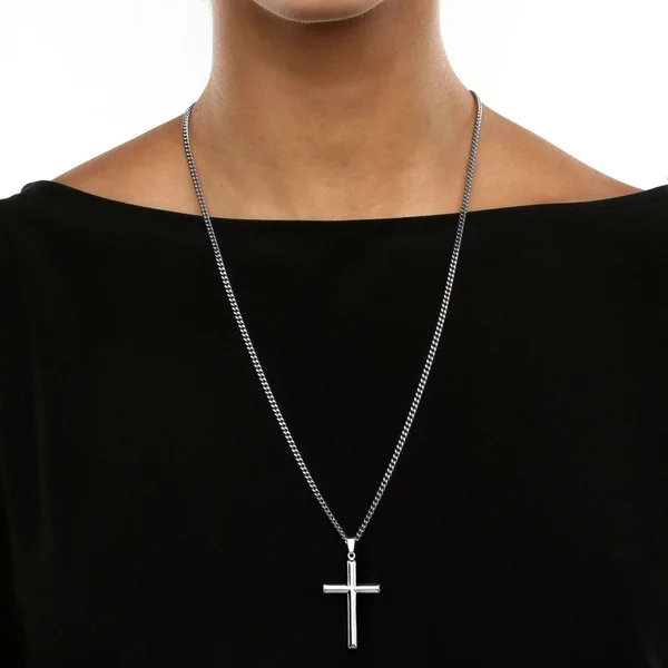 PalmBeach Jewelry Cross Pendant in Sterling Silver with Stainless Steel Chain 24x22