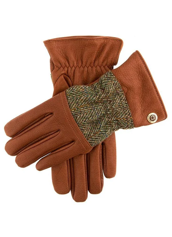Dents Men's Cashmere Lined Harris Tweed & Deerskin Leather Gloves in Havana/olive/pine Size XL