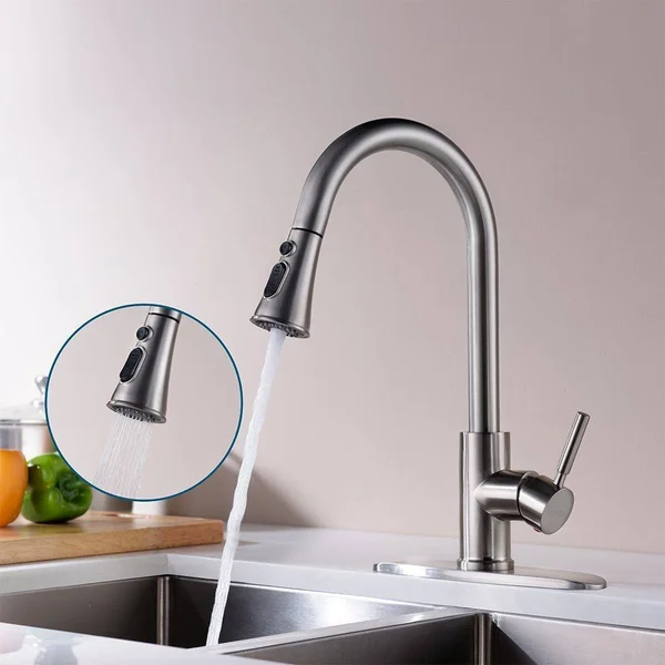 Kitchen Faucets with Pull Down Sprayer - Kablle Commercial Single Handle Brushed Nickel Kitchen Faucet - Single Level High Arch P