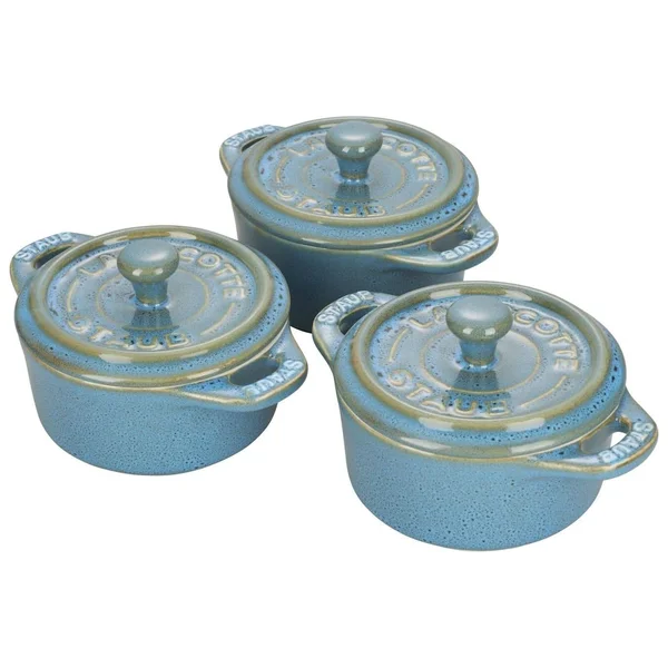 Staub Ceramic Mini Round Cocotte 3 PC Set Rustic Turquoise