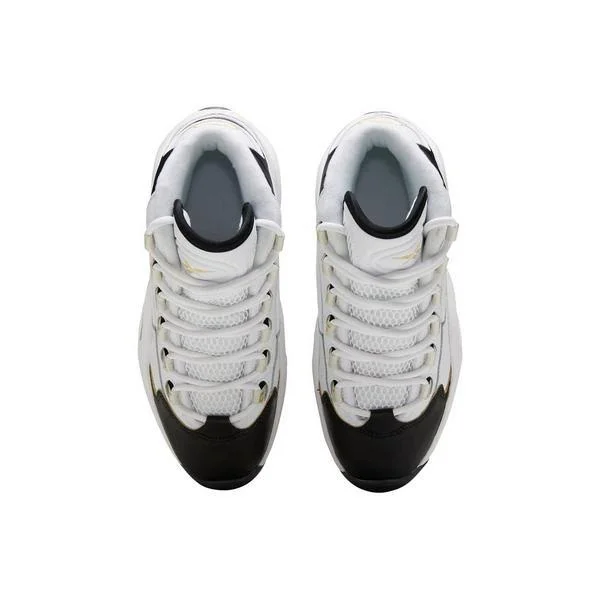Reebok Question Mid White/Black/Gold Grade School Kids& Shoes, Size: 5.5
