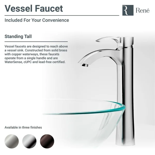 Rene R5-5025-R9-7006 16-5/8x22 Glass Vessel Bathroom Sink with Vessel Faucet Sink Beach Sand - Chrome