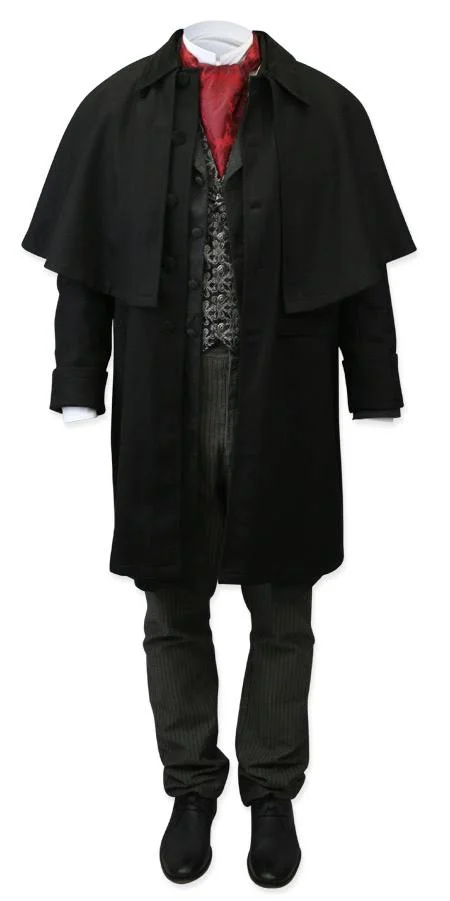 Coburn Great Coat - Black Wool Vintage Mens Black Wool/Velvet Point Collar Knee Length Cloak (Size 48) - Romantic, Old Fashione