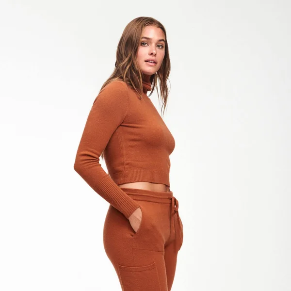NAADAM Cashmere Cropped Turtleneck in Orange Rust, XL