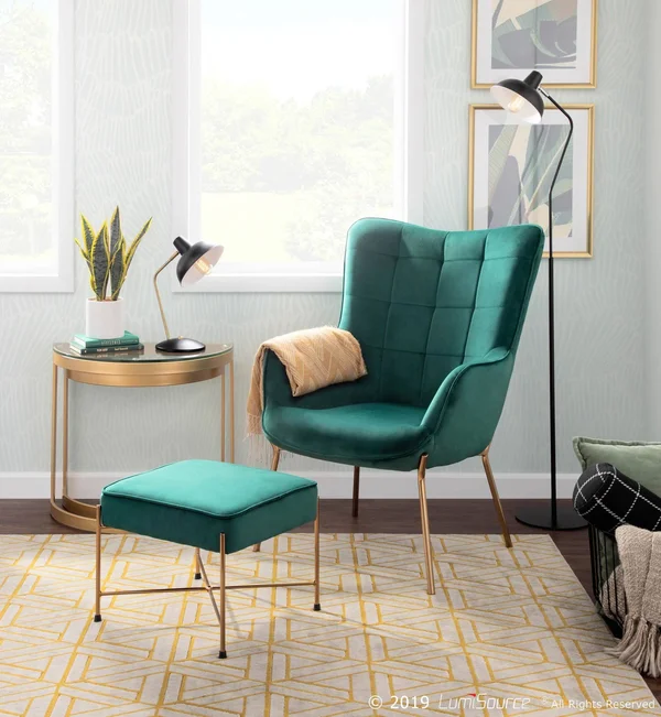 LumiSource Izzy Lounge Chair Ottoman Set Gold Metal Green Velvet