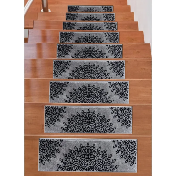 Beverly Rug Indoor Non Slip Carpet Stair Treads w/ Installed Tape 9x22x28x22 Medallion Dark Grey, Black - Set of 7