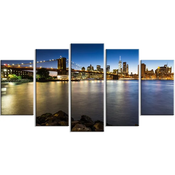 Designart Distant View of Brooklyn Bridge Cityscape Canvas Print 5 Panels - 61431830018