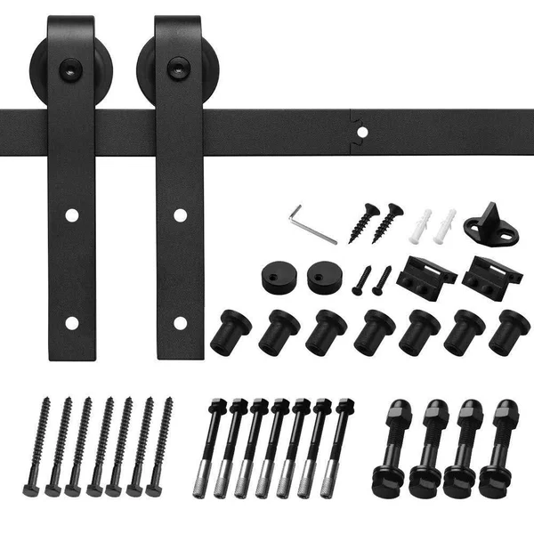 Boyel Living 12 ft./144 in. Black Bent Strap Sliding Barn Door Track and Hardware Kit for Single Door with Floor Guide