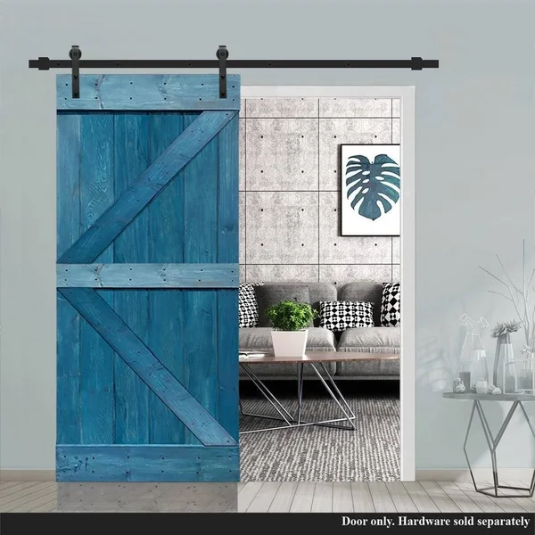 CALHOME K Series 36 in. x 84 in. Pre Assembled Ocean Blue Stained Solid Pine Wood Interior Sliding Barn Door Slab - DOOR-ASM-K36