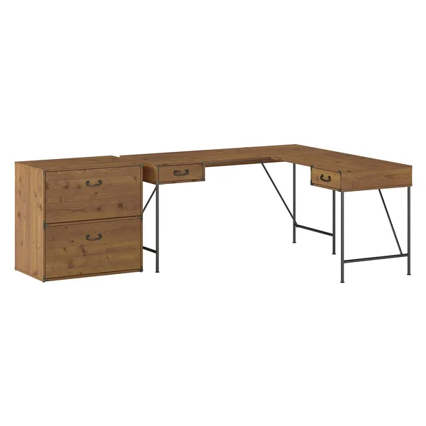 Kathy Ireland Home by Bush Furniture Ironworks 60W L Shaped Writing Desk with 2 Drawer Lateral File Cabinet, Vintage Golden Pine