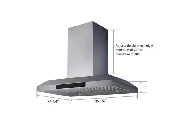 Awoco 36” Island Mount 43”h Stainless Steel Range Hood 4 Speeds, 6” Round Top Vent 900CFM 4 LED Lights & Remote Control (RH