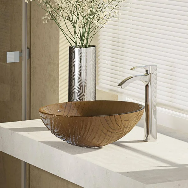 Rene R5-5025-R9-7006 16-5/8x22 Glass Vessel Bathroom Sink with Vessel Faucet Sink Beach Sand - Chrome